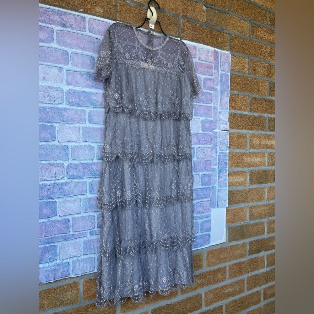 Vintage 1980s Rina Di Montella Silk with Tiered Lace and Rhinestones dress 10 - Picture 4 of 13
